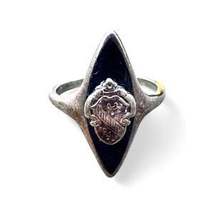 Vintage Sterling Silver Sorority Crest Ring Black Enamel Marquise Shield 925 7